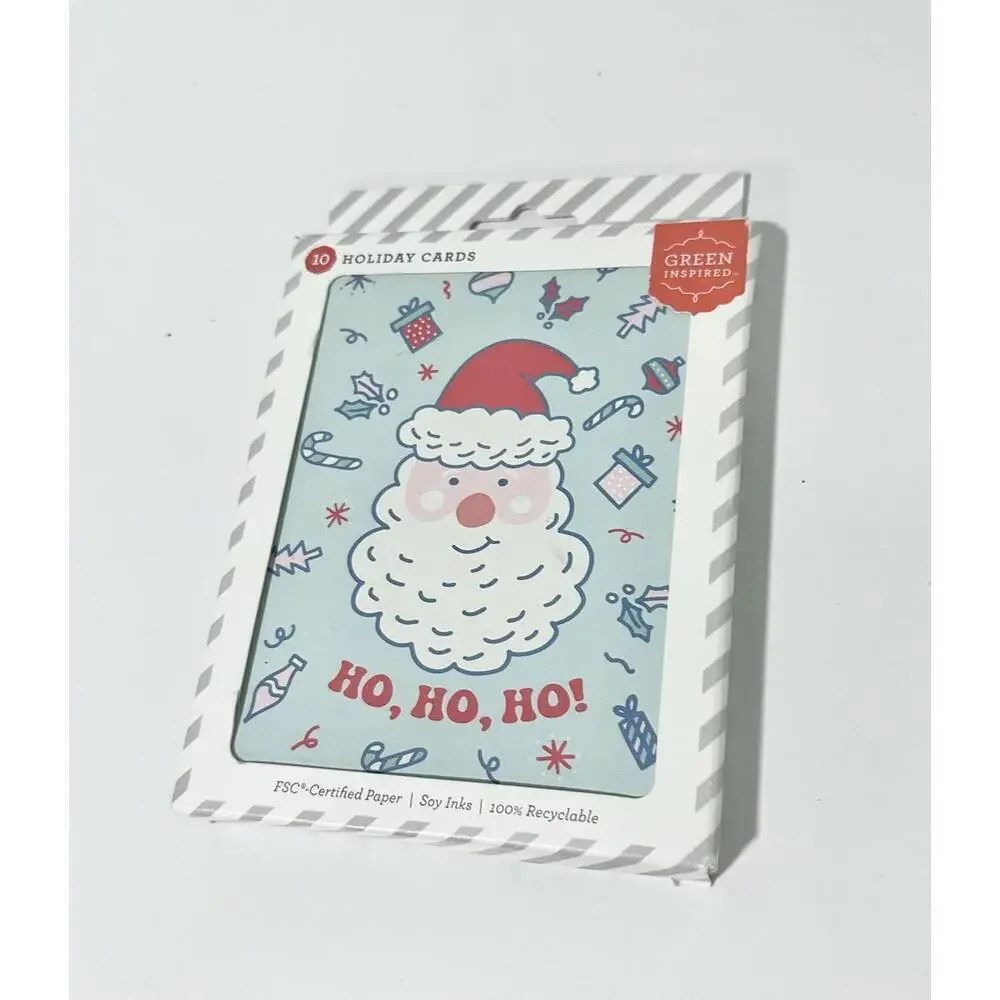 NEW Green Inspired Holiday Note Cards White Envelopes Santa Christmas 10ct Ho Ho